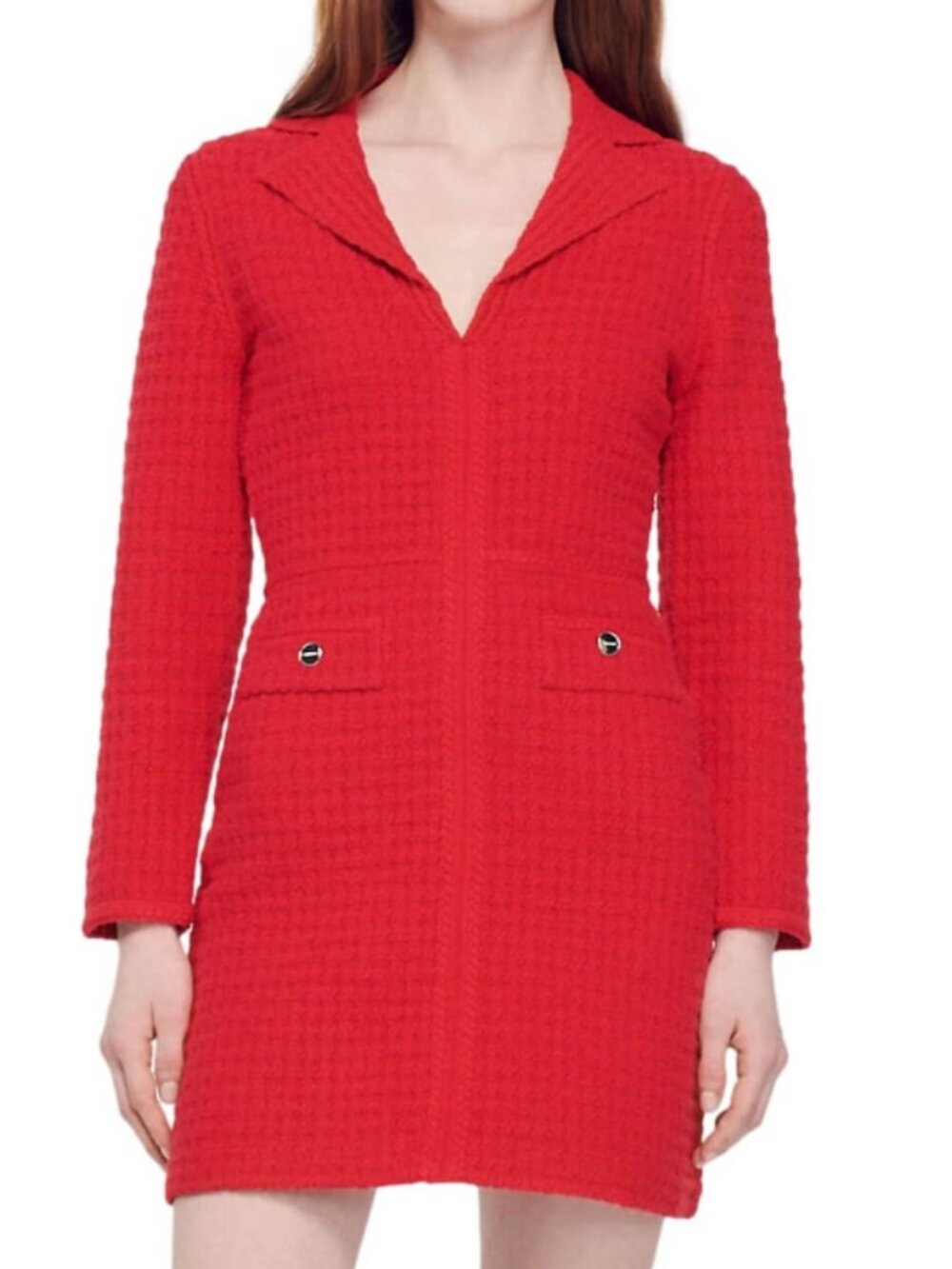 NWT Sandro Yvonne V-neck collared knit dress rouge red - Picture 1 of 8